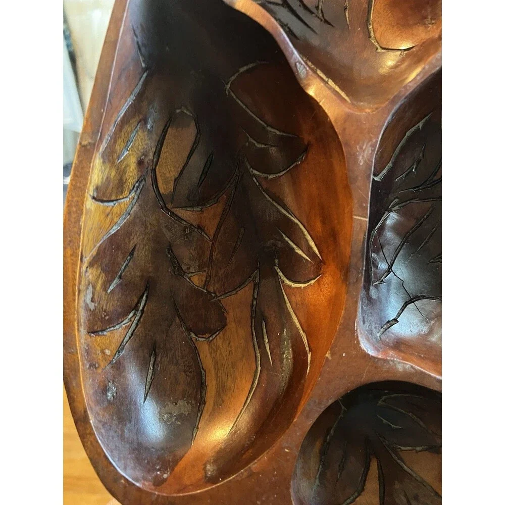 Hand Carved Wood Floral 6-Compartment Serving Tray, Brown Rustic 22 in